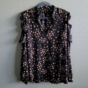 Ann Taylor Navy Blue Dandelion Cold Shoulder Ruffle Top Sz Large